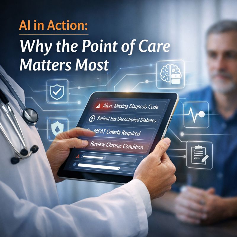 Clinician using real-time AI clinical decision support during a patient visit to improve documentation accuracy at the point of care.