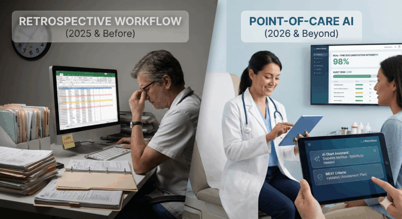 Split-screen comparison illustration: On the left, a stressed medical coder struggles with manual retrospective chart reviews and spreadsheets representing the '2025 & Before' workflow. On the right, a physician uses Inferscience's Point-of-Care AI on a tablet to validate MEAT criteria and HCC coding in real-time during a patient visit, representing the '2026 & Beyond' standard.