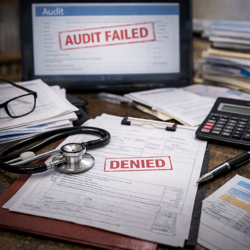 Healthcare documentation on a desk stamped “Denied” with audit materials, calculator, and stethoscope illustrating audit and compliance risk.