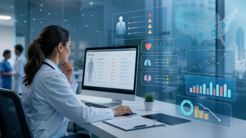 Healthcare provider reviewing patient risk adjustment data and documentation signals at the point of care to identify missed HCC opportunities