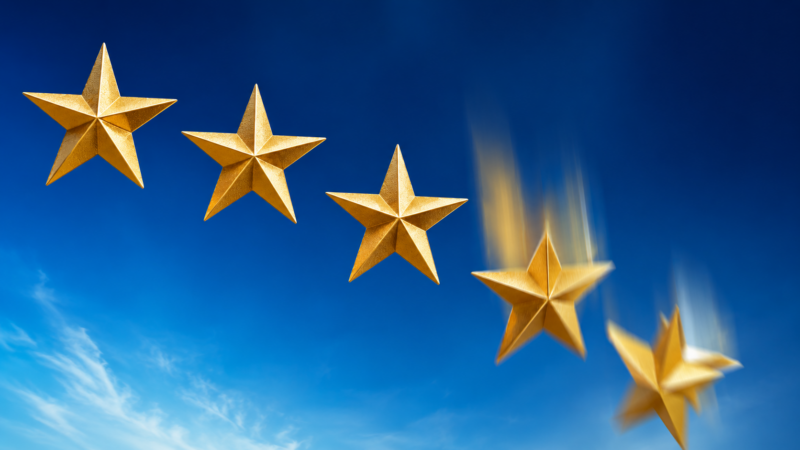 Five gold stars against a blue sky representing Medicare Advantage Star Ratings and the Clover lawsuit’s impact on healthcare quality measurement