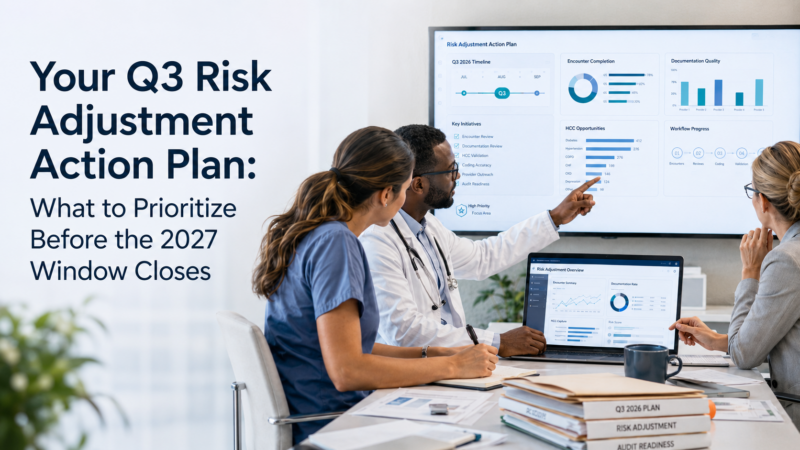 Healthcare team reviewing risk adjustment dashboards and encounter-based HCC workflow data for Q3 2026 planning before the 2027 window closes.