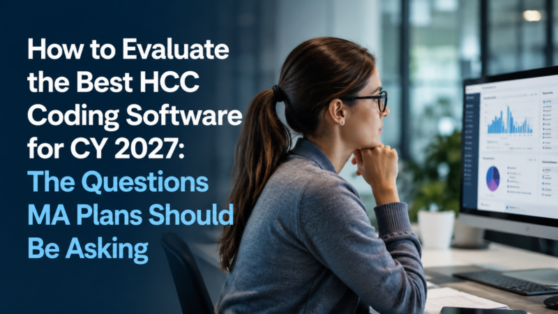 Healthcare professional evaluating HCC coding software for CY 2027 using a clinical data dashboard.