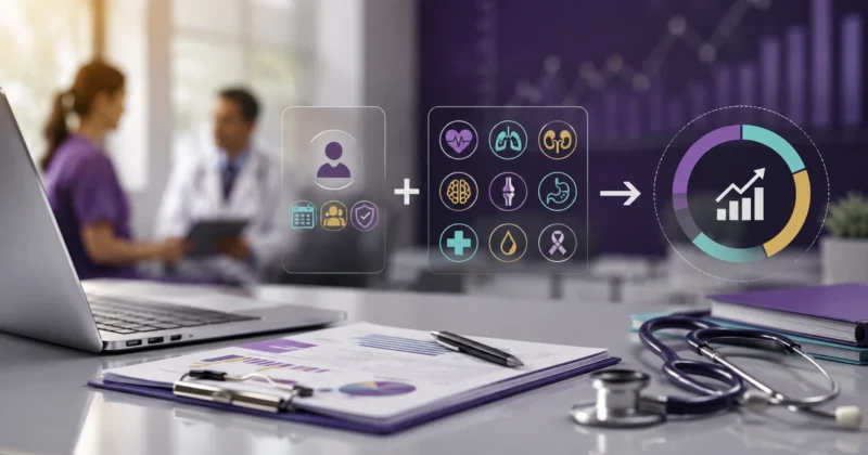 Visual showing patient demographics and documented health conditions combining to determine a RAF score